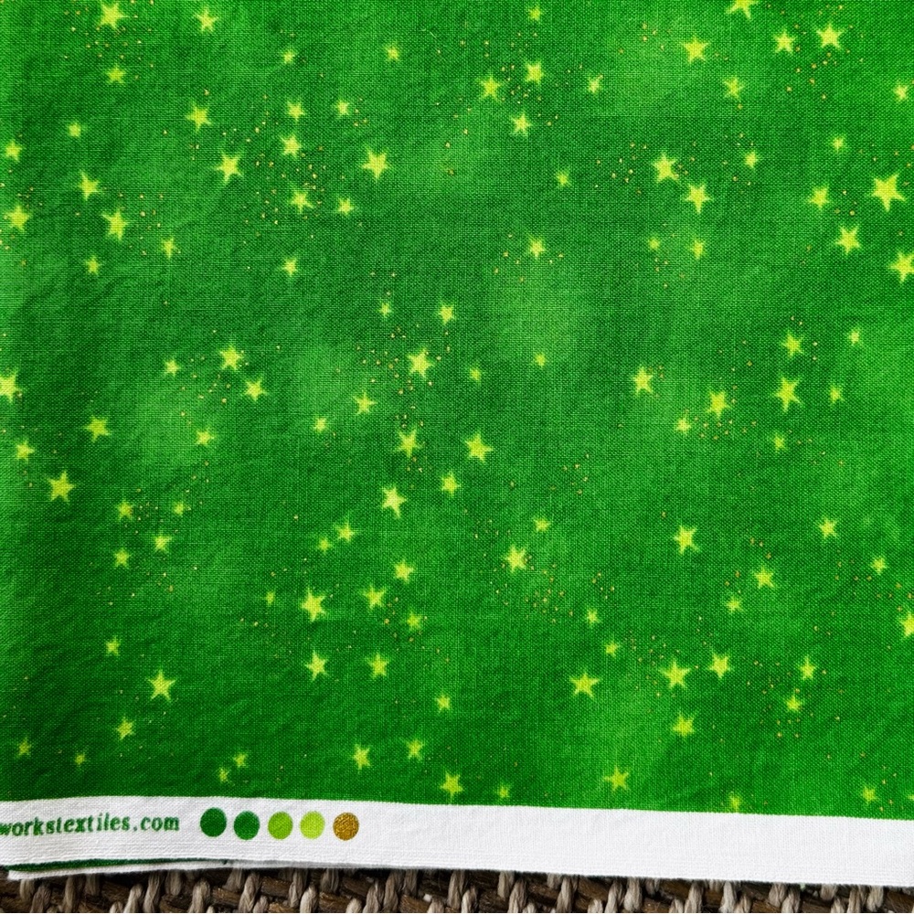 Laurel Burch “LB Basics”, 1 yard, Green Stars w gold specks blender fabric